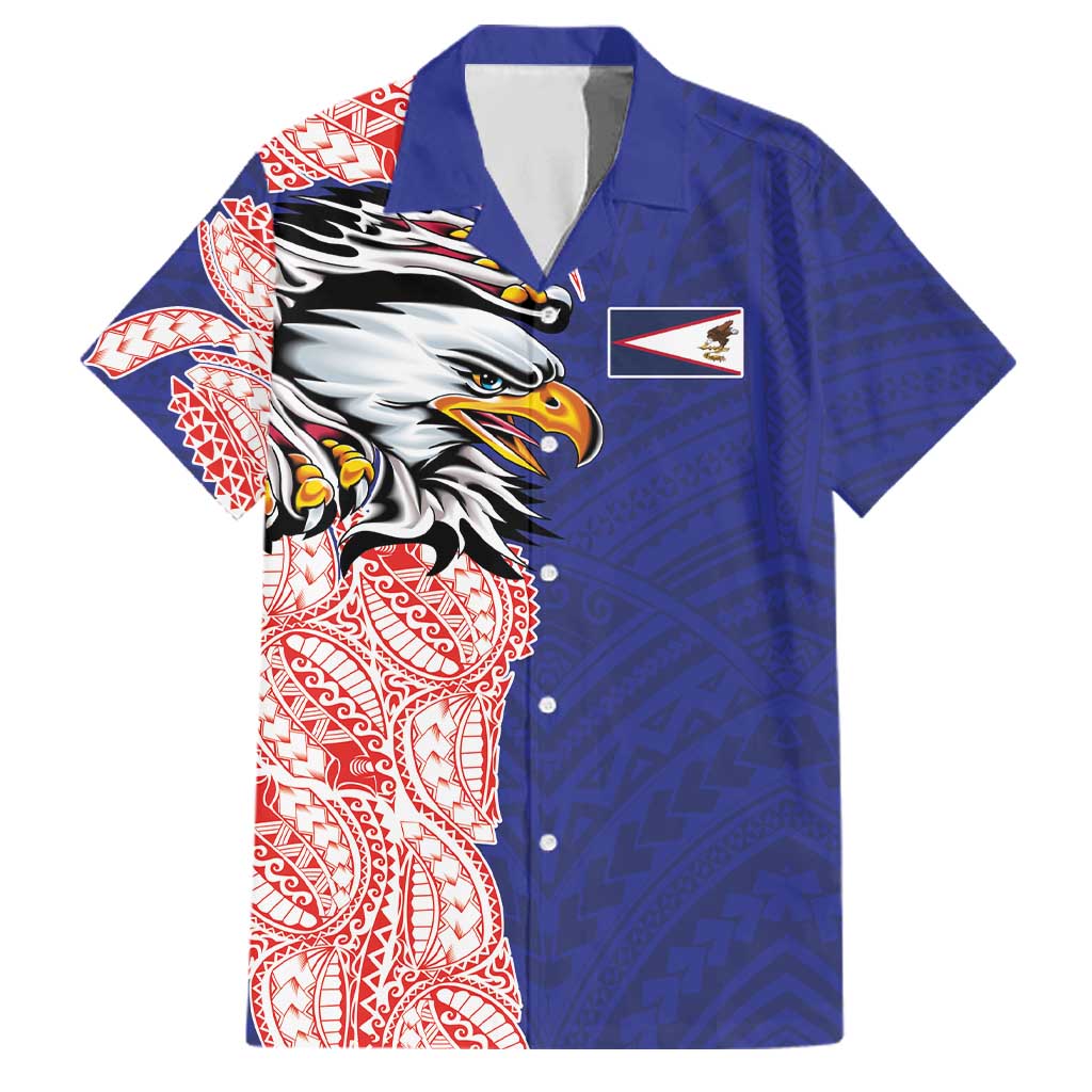 American Samoa Flag Day Family Matching Off The Shoulder Long Sleeve Dress and Hawaiian Shirt Tribal Tattoo with Eagle Blue-Red LT03 Dad's Shirt - Short Sleeve Blue - Polynesian Pride