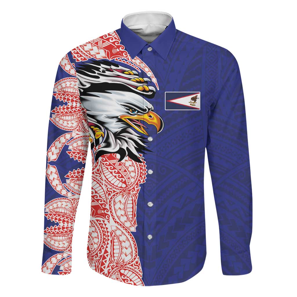 American Samoa Flag Day Family Matching Off The Shoulder Long Sleeve Dress and Hawaiian Shirt Tribal Tattoo with Eagle Blue-Red LT03 Dad's Shirt - Long Sleeve Blue - Polynesian Pride