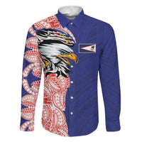 American Samoa Flag Day Family Matching Off The Shoulder Long Sleeve Dress and Hawaiian Shirt Tribal Tattoo with Eagle Blue-Red LT03 Dad's Shirt - Long Sleeve Blue - Polynesian Pride