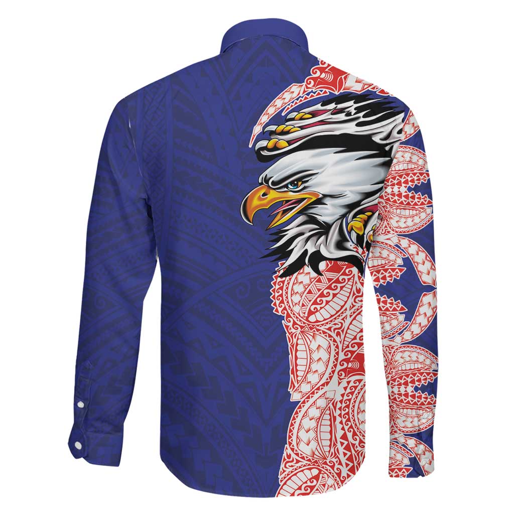 American Samoa Flag Day Family Matching Off The Shoulder Long Sleeve Dress and Hawaiian Shirt Tribal Tattoo with Eagle Blue-Red LT03 - Polynesian Pride