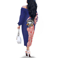American Samoa Flag Day Family Matching Off The Shoulder Long Sleeve Dress and Hawaiian Shirt Tribal Tattoo with Eagle Blue-Red LT03 - Polynesian Pride