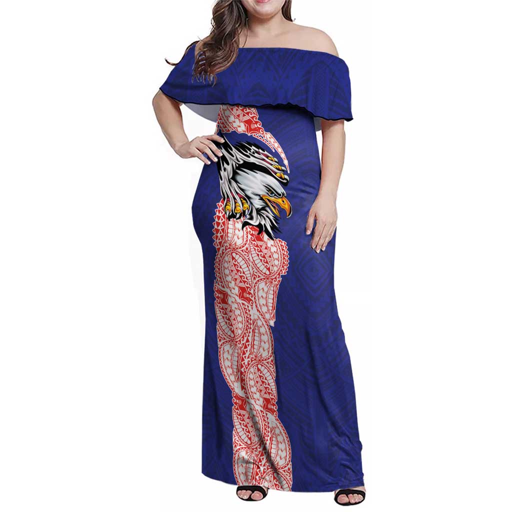 American Samoa Flag Day Family Matching Off Shoulder Maxi Dress and Hawaiian Shirt Tribal Tattoo with Eagle Blue-Red