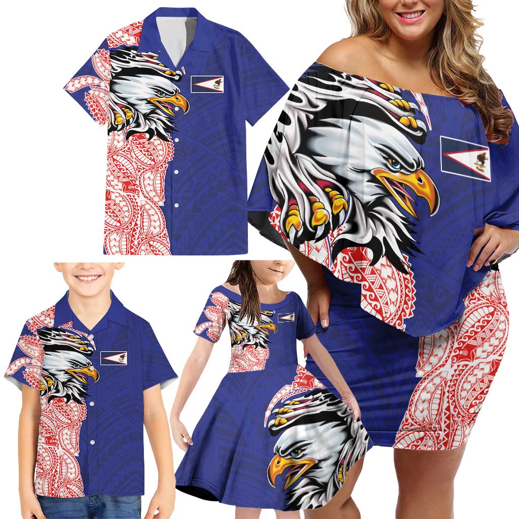 American Samoa Flag Day Family Matching Off Shoulder Short Dress and Hawaiian Shirt Tribal Tattoo with Eagle Blue-Red