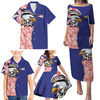 American Samoa Flag Day Family Matching Puletasi and Hawaiian Shirt Tribal Tattoo with Eagle Blue-Red