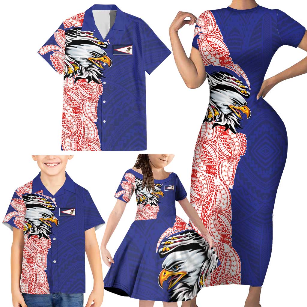 American Samoa Flag Day Family Matching Short Sleeve Bodycon Dress and Hawaiian Shirt Tribal Tattoo with Eagle Blue-Red