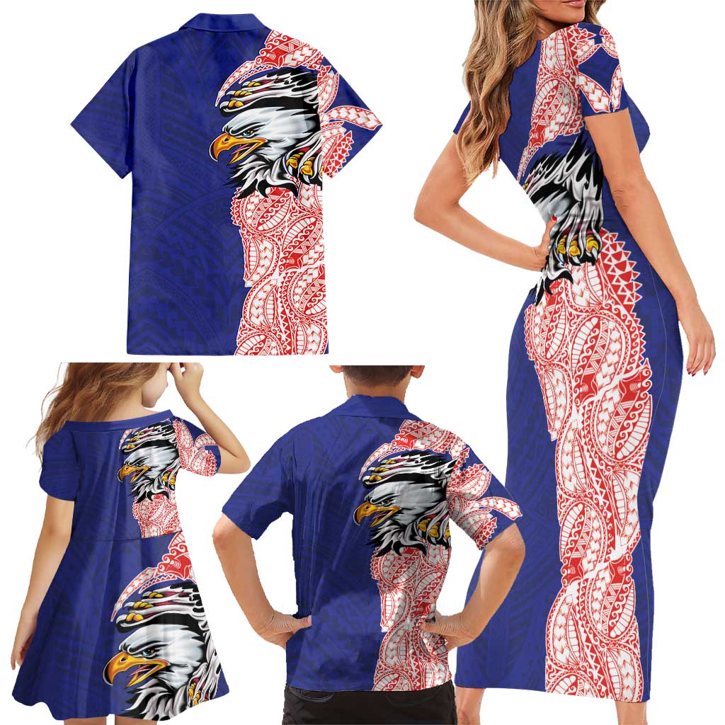 American Samoa Flag Day Family Matching Short Sleeve Bodycon Dress and Hawaiian Shirt Tribal Tattoo with Eagle Blue-Red