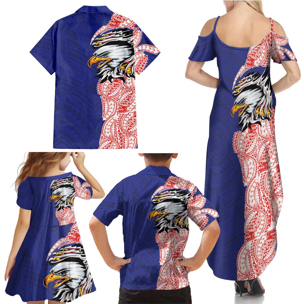 American Samoa Flag Day Family Matching Summer Maxi Dress and Hawaiian Shirt Tribal Tattoo with Eagle Blue-Red