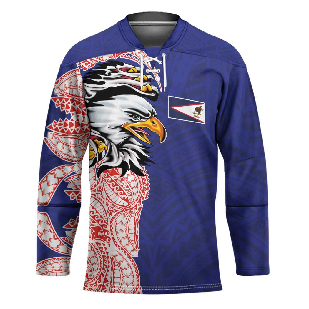 American Samoa Flag Day Hockey Jersey Tribal Tattoo with Eagle Blue-Red