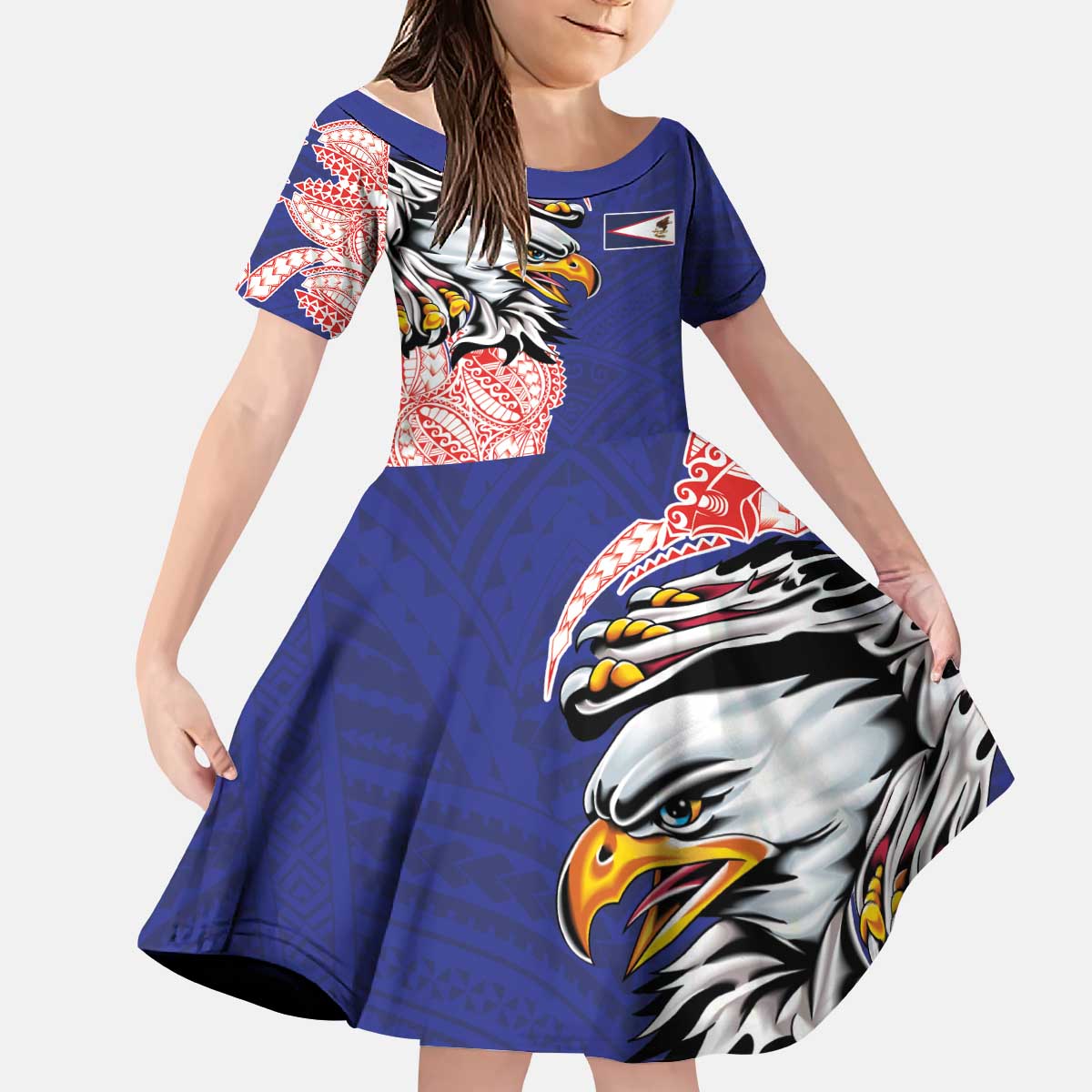 American Samoa Flag Day Kid Short Sleeve Dress Tribal Tattoo with Eagle Blue-Red LT03 KID Blue - Polynesian Pride