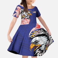 American Samoa Flag Day Kid Short Sleeve Dress Tribal Tattoo with Eagle Blue-Red LT03 KID Blue - Polynesian Pride