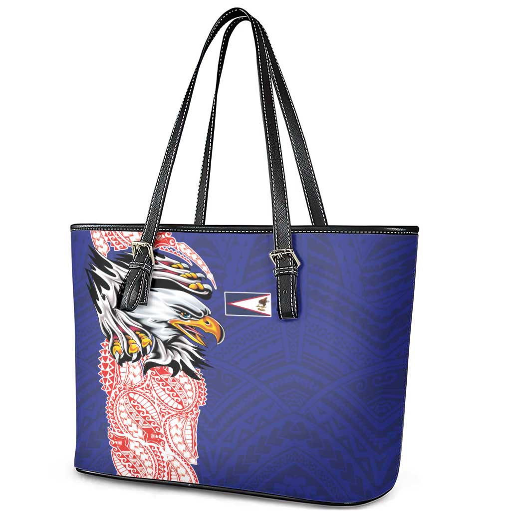 American Samoa Flag Day Leather Tote Bag Tribal Tattoo with Eagle Blue-Red