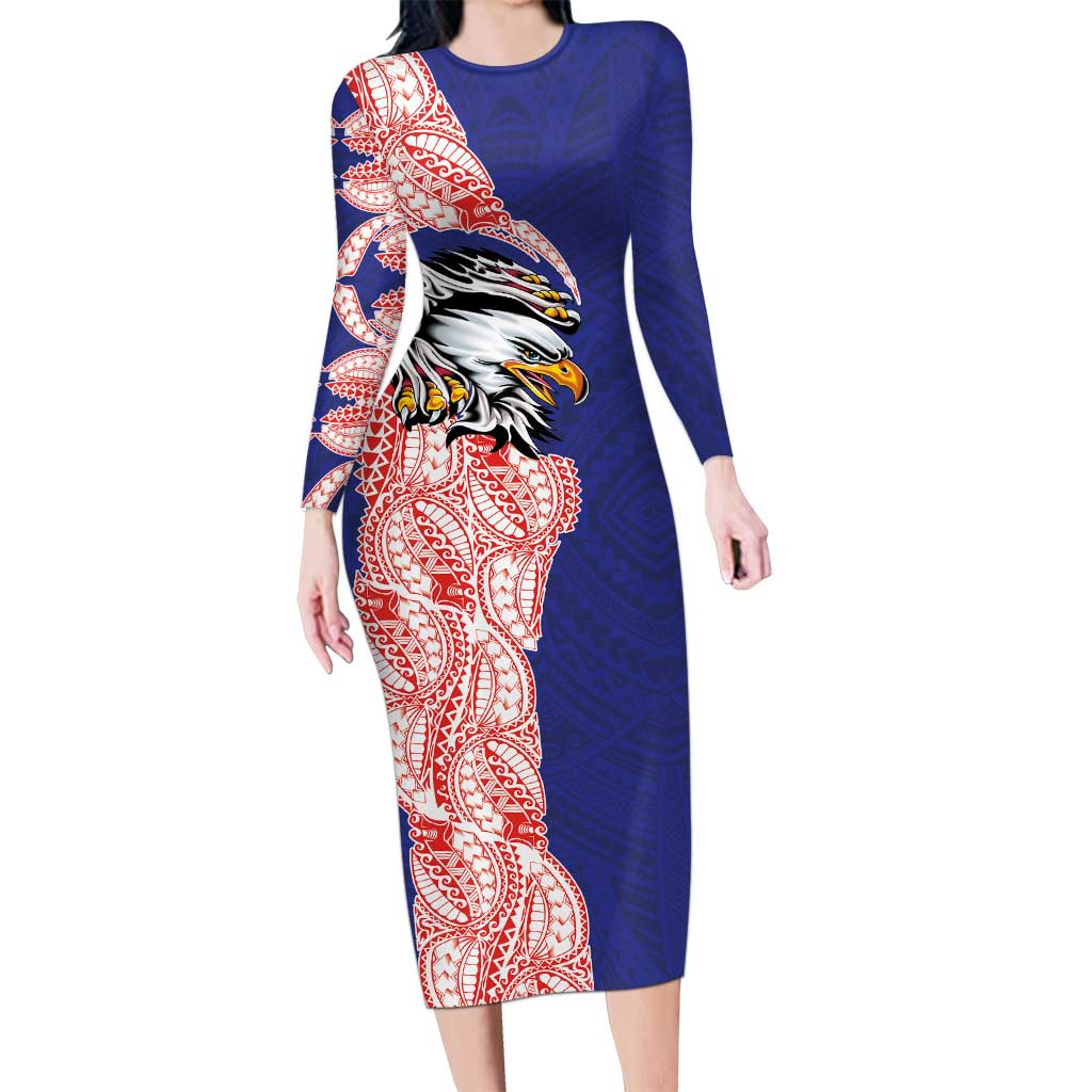 American Samoa Flag Day Long Sleeve Bodycon Dress Tribal Tattoo with Eagle Blue-Red