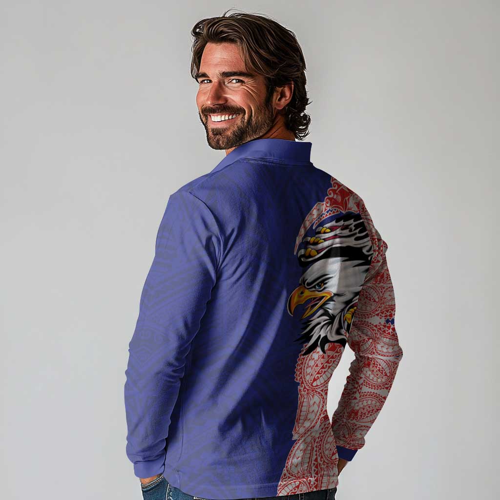 American Samoa Flag Day Long Sleeve Polo Shirt Tribal Tattoo with Eagle Blue-Red