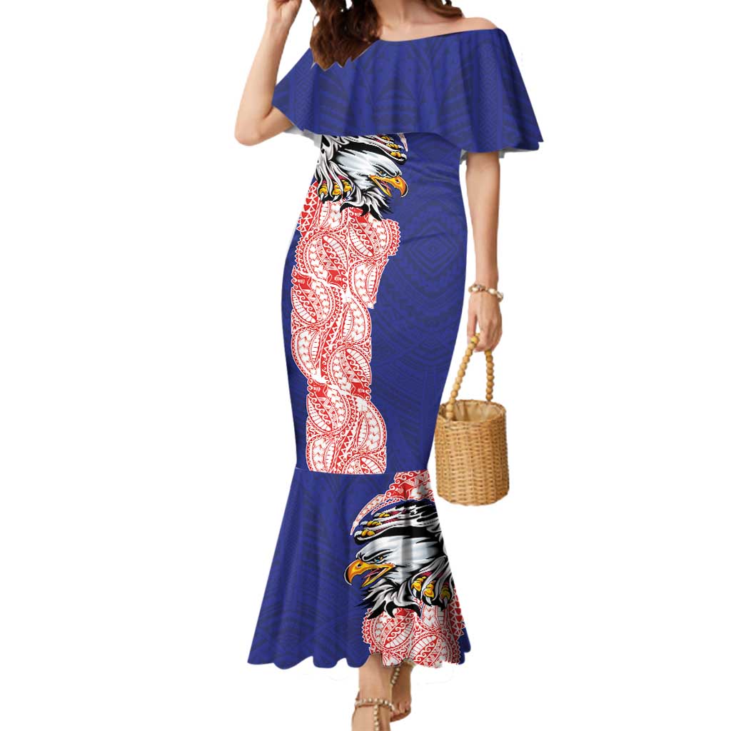 American Samoa Flag Day Mermaid Dress Tribal Tattoo with Eagle Blue-Red LT03 Women Blue - Polynesian Pride