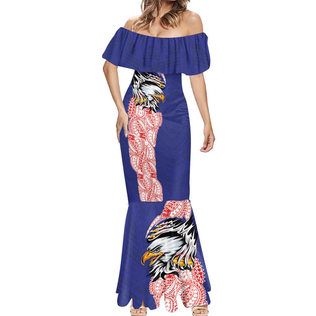 American Samoa Flag Day Mermaid Dress Tribal Tattoo with Eagle Blue-Red LT03 - Polynesian Pride