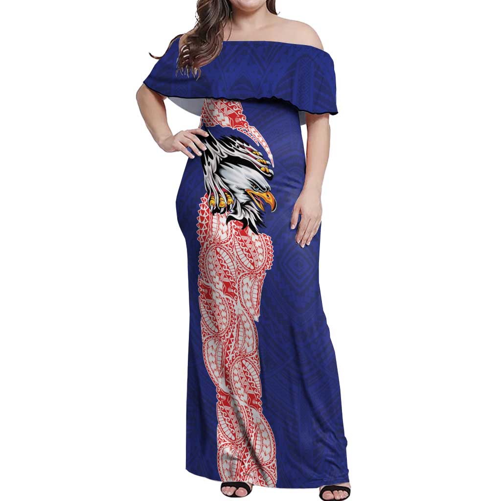 American Samoa Flag Day Off Shoulder Maxi Dress Tribal Tattoo with Eagle Blue-Red