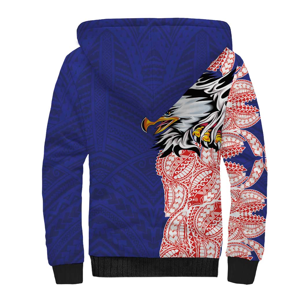 American Samoa Flag Day Sherpa Hoodie Tribal Tattoo with Eagle Blue-Red