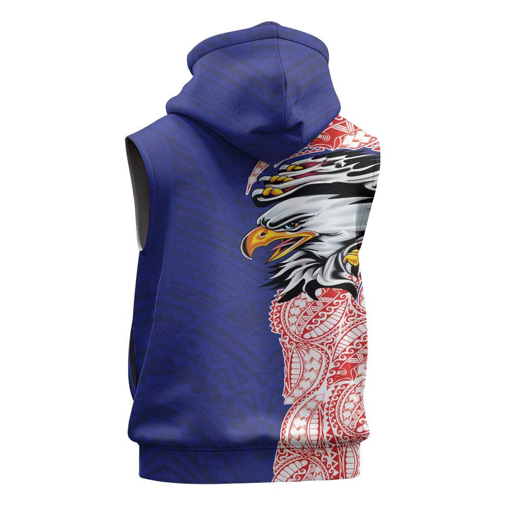 American Samoa Flag Day Sleeveless Hoodie Tribal Tattoo with Eagle Blue-Red LT03 - Polynesian Pride