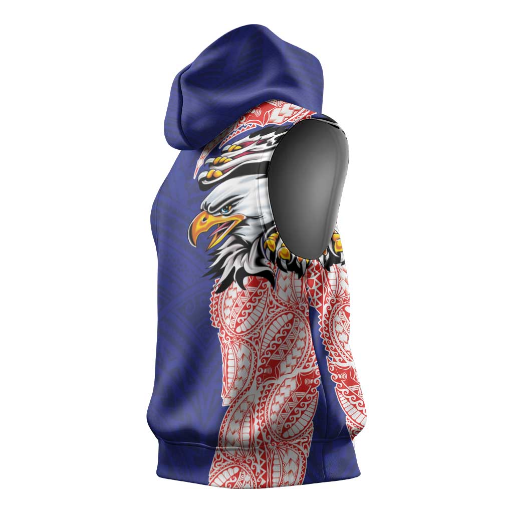 American Samoa Flag Day Sleeveless Hoodie Tribal Tattoo with Eagle Blue-Red LT03 - Polynesian Pride