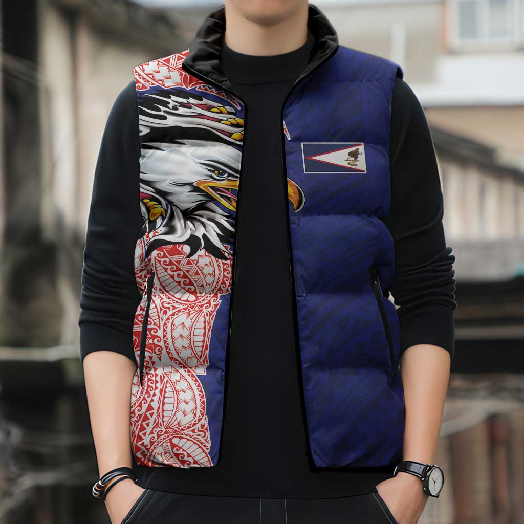 American Samoa Flag Day Sleeveless Puffer Jacket Tribal Tattoo with Eagle Blue-Red