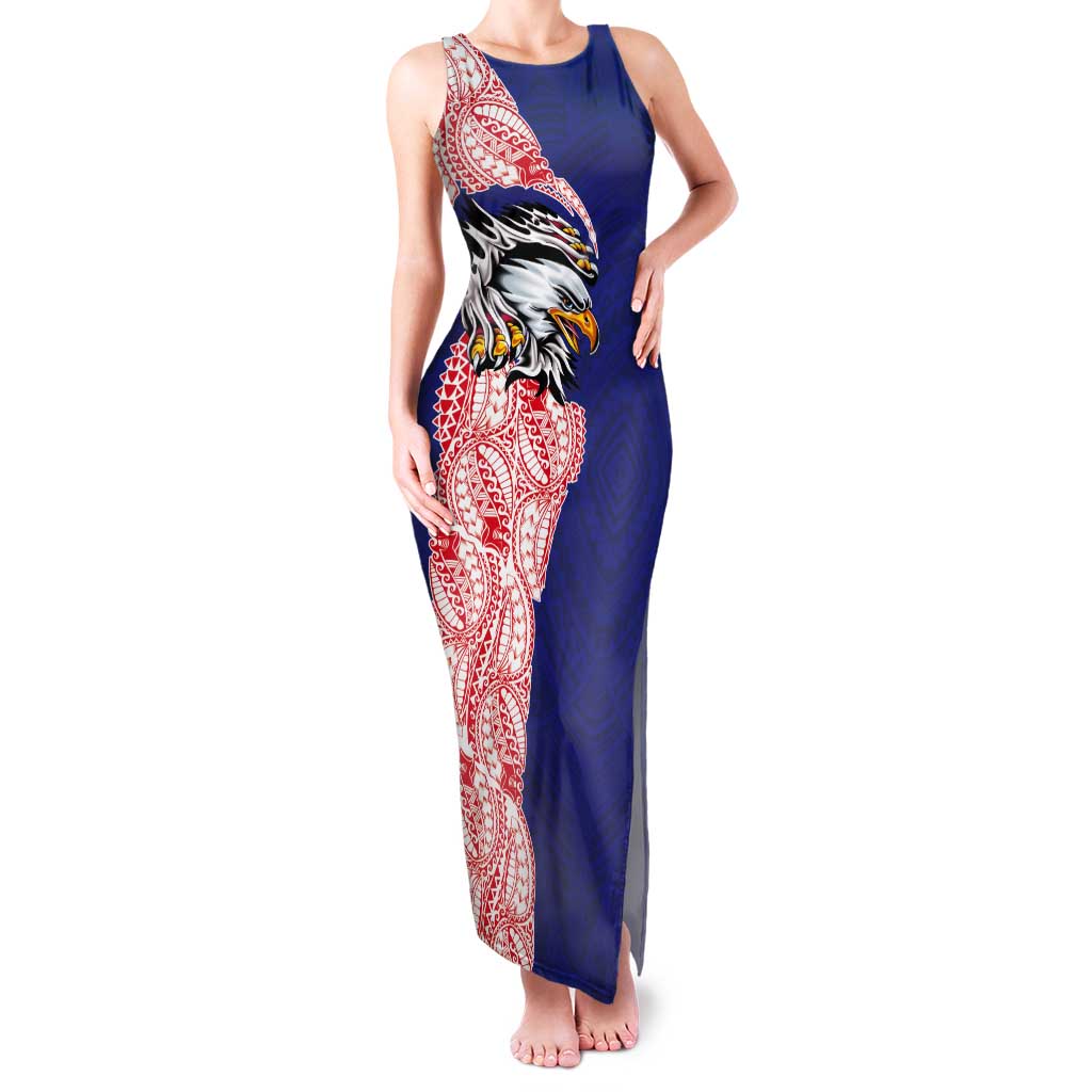 American Samoa Flag Day Tank Maxi Dress Tribal Tattoo with Eagle Blue-Red