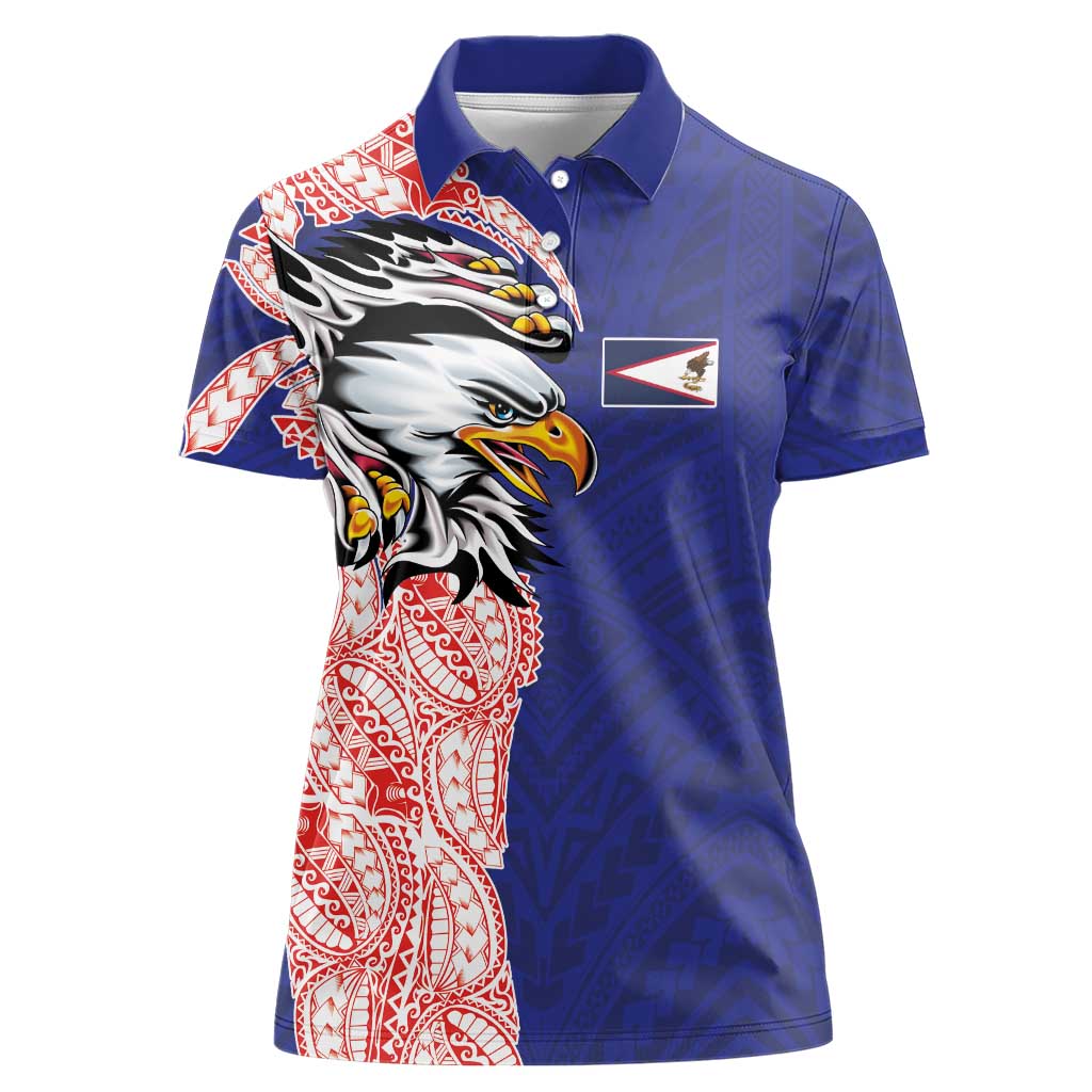 American Samoa Flag Day Women Polo Shirt Tribal Tattoo with Eagle Blue-Red