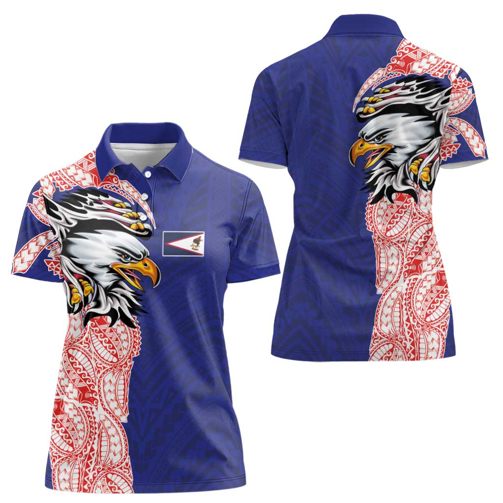 American Samoa Flag Day Women Polo Shirt Tribal Tattoo with Eagle Blue-Red