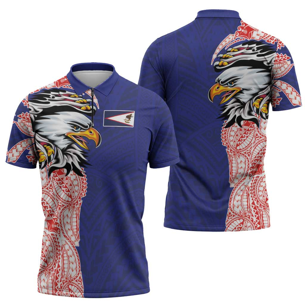 American Samoa Flag Day Zipper Polo Shirt Tribal Tattoo with Eagle Blue-Red