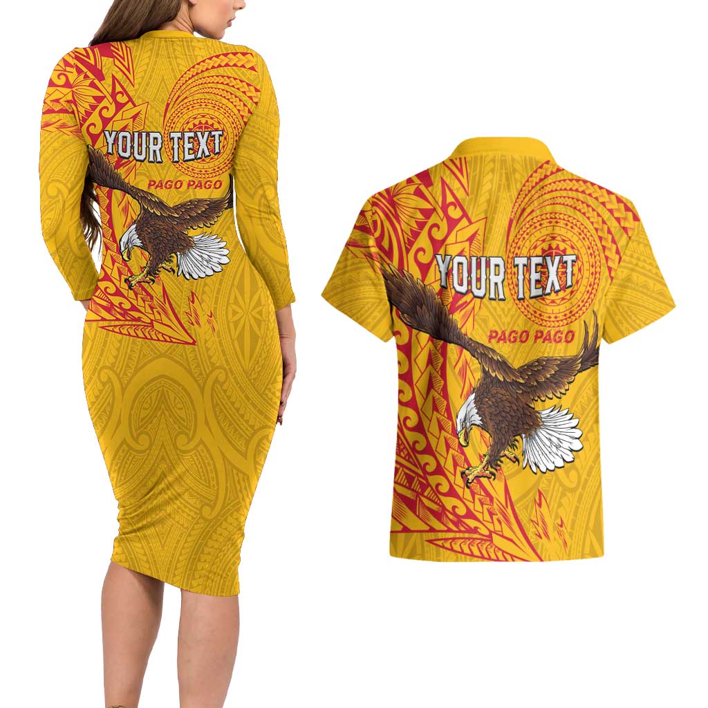 Personalised American Samoa Flag Day Couples Matching Long Sleeve Bodycon Dress and Hawaiian Shirt Fautasi Race Pago Pago-Aeto Eagle Wings Tribal Style
