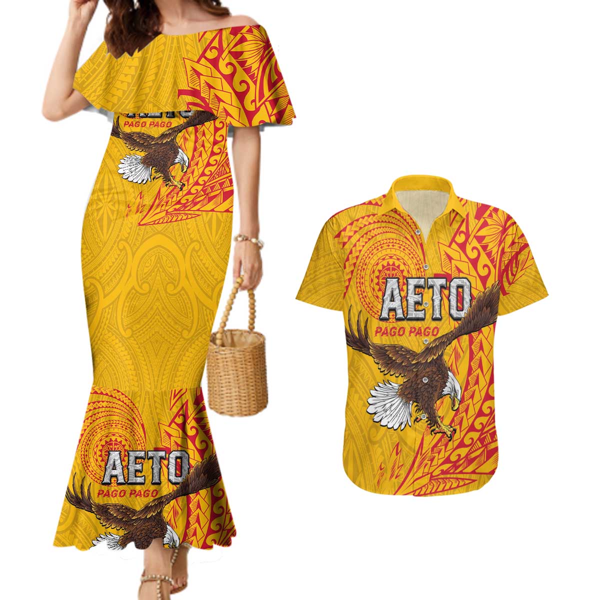 Personalised American Samoa Flag Day Couples Matching Mermaid Dress and Hawaiian Shirt Fautasi Race Pago Pago-Aeto Eagle Wings Tribal Style