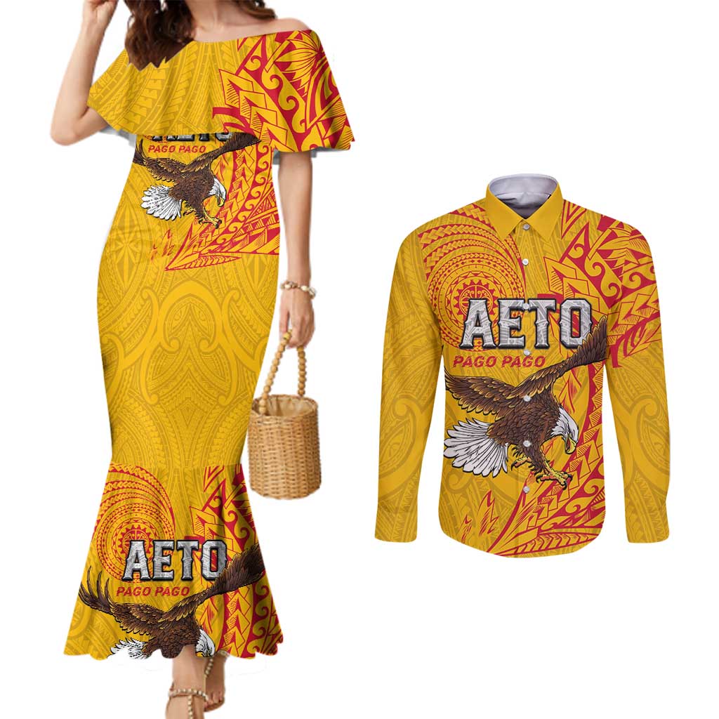 Personalised American Samoa Flag Day Couples Matching Mermaid Dress and Long Sleeve Button Shirt Fautasi Race Pago Pago-Aeto Eagle Wings Tribal Style