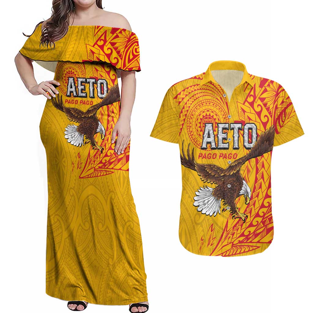 Personalised American Samoa Flag Day Couples Matching Off Shoulder Maxi Dress and Hawaiian Shirt Fautasi Race Pago Pago-Aeto Eagle Wings Tribal Style