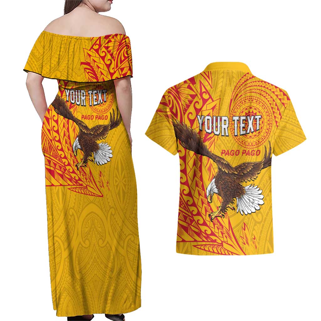 Personalised American Samoa Flag Day Couples Matching Off Shoulder Maxi Dress and Hawaiian Shirt Fautasi Race Pago Pago-Aeto Eagle Wings Tribal Style