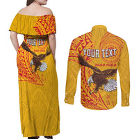 Personalised American Samoa Flag Day Couples Matching Off Shoulder Maxi Dress and Long Sleeve Button Shirt Fautasi Race Pago Pago-Aeto Eagle Wings Tribal Style