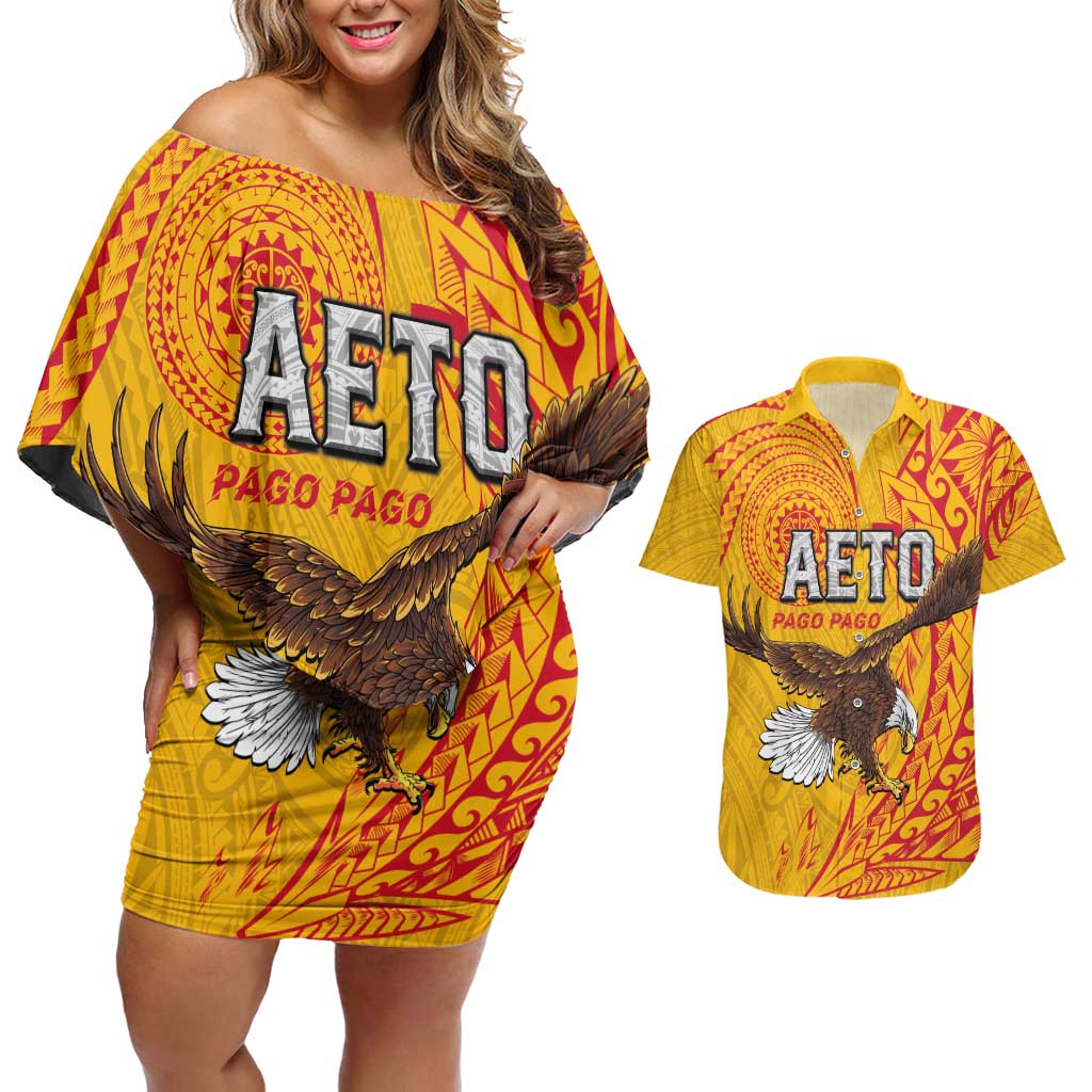 Personalised American Samoa Flag Day Couples Matching Off Shoulder Short Dress and Hawaiian Shirt Fautasi Race Pago Pago-Aeto Eagle Wings Tribal Style