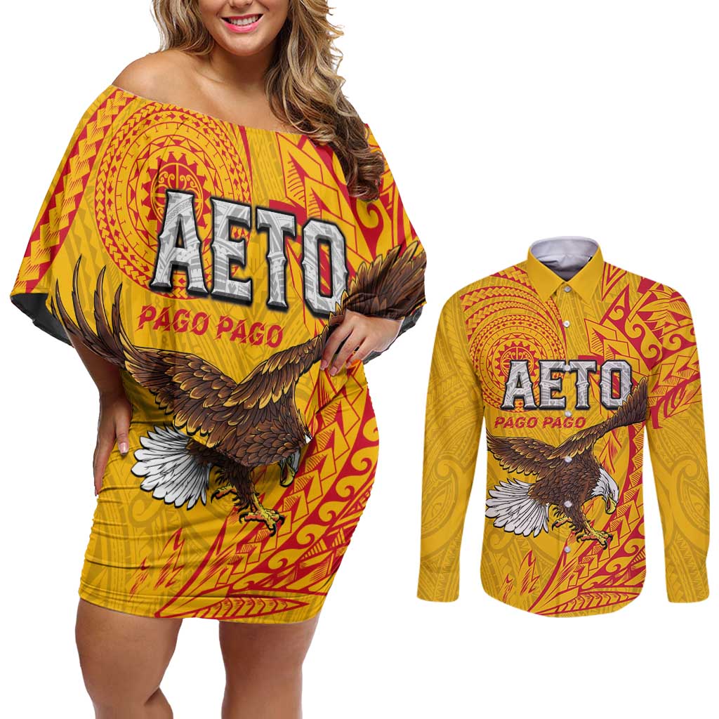 Personalised American Samoa Flag Day Couples Matching Off Shoulder Short Dress and Long Sleeve Button Shirt Fautasi Race Pago Pago-Aeto Eagle Wings Tribal Style