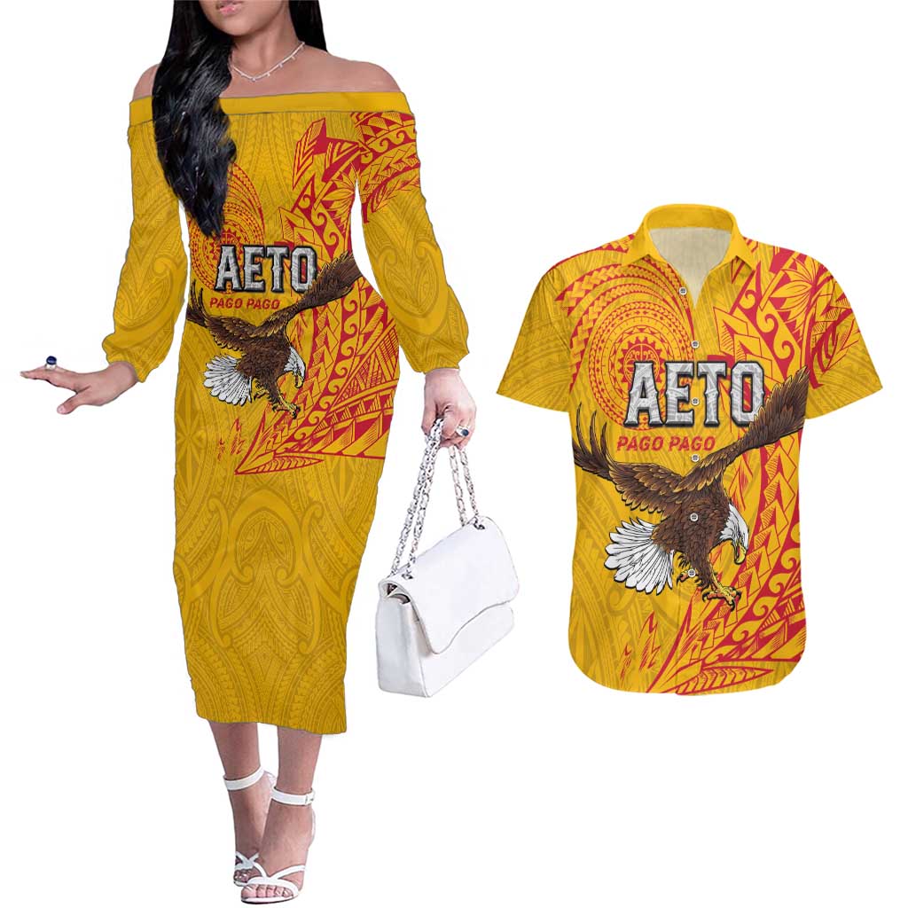 Personalised American Samoa Flag Day Couples Matching Off The Shoulder Long Sleeve Dress and Hawaiian Shirt Fautasi Race Pago Pago-Aeto Eagle Wings Tribal Style