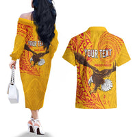 Personalised American Samoa Flag Day Couples Matching Off The Shoulder Long Sleeve Dress and Hawaiian Shirt Fautasi Race Pago Pago-Aeto Eagle Wings Tribal Style