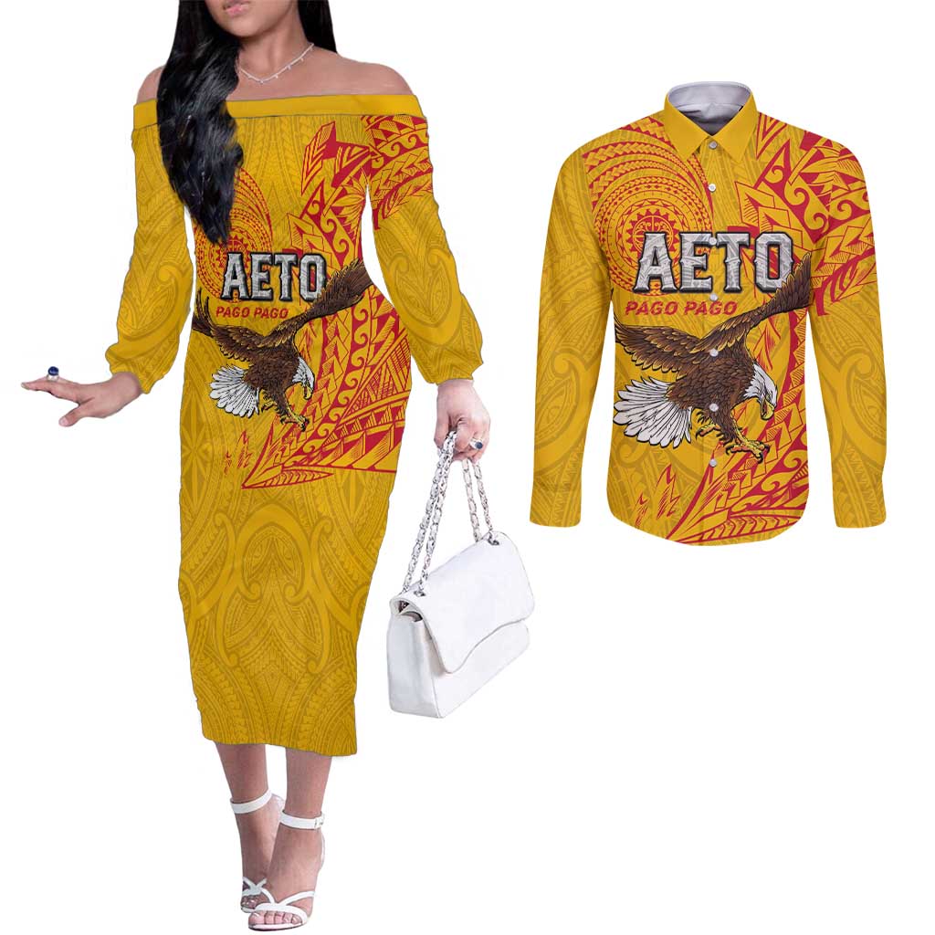 Personalised American Samoa Flag Day Couples Matching Off The Shoulder Long Sleeve Dress and Long Sleeve Button Shirt Fautasi Race Pago Pago-Aeto Eagle Wings Tribal Style