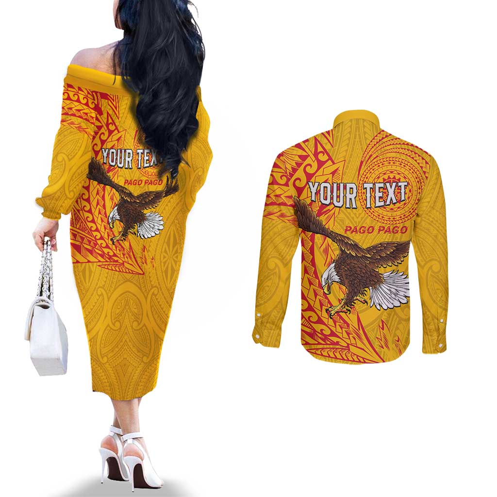 Personalised American Samoa Flag Day Couples Matching Off The Shoulder Long Sleeve Dress and Long Sleeve Button Shirt Fautasi Race Pago Pago-Aeto Eagle Wings Tribal Style