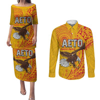 Personalised American Samoa Flag Day Couples Matching Puletasi and Long Sleeve Button Shirt Fautasi Race Pago Pago-Aeto Eagle Wings Tribal Style