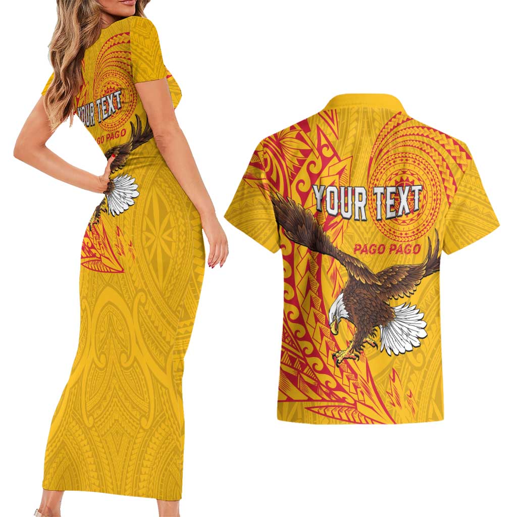 Personalised American Samoa Flag Day Couples Matching Short Sleeve Bodycon Dress and Hawaiian Shirt Fautasi Race Pago Pago-Aeto Eagle Wings Tribal Style
