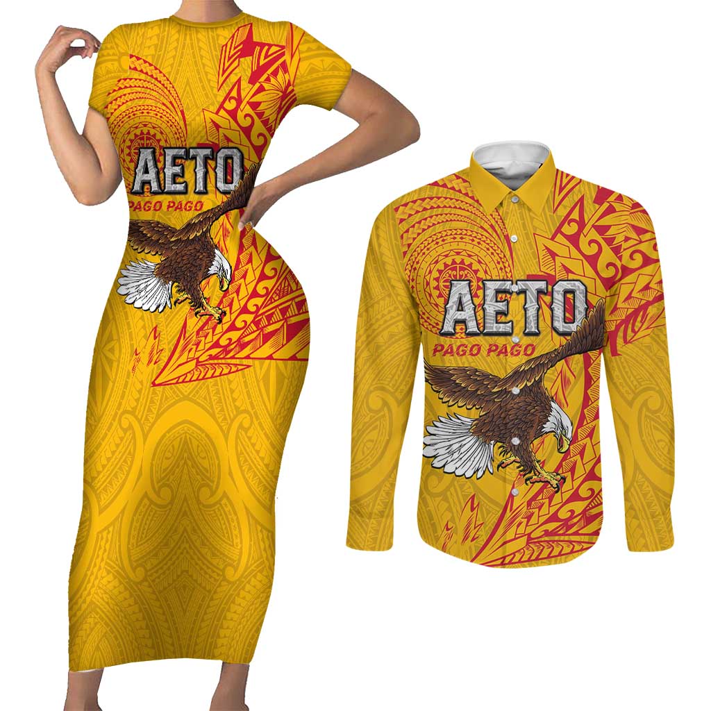 Personalised American Samoa Flag Day Couples Matching Short Sleeve Bodycon Dress and Long Sleeve Button Shirt Fautasi Race Pago Pago-Aeto Eagle Wings Tribal Style