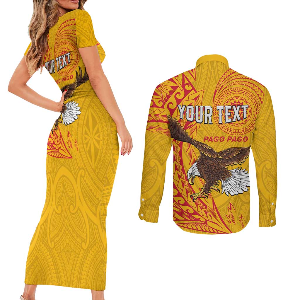 Personalised American Samoa Flag Day Couples Matching Short Sleeve Bodycon Dress and Long Sleeve Button Shirt Fautasi Race Pago Pago-Aeto Eagle Wings Tribal Style