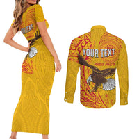 Personalised American Samoa Flag Day Couples Matching Short Sleeve Bodycon Dress and Long Sleeve Button Shirt Fautasi Race Pago Pago-Aeto Eagle Wings Tribal Style