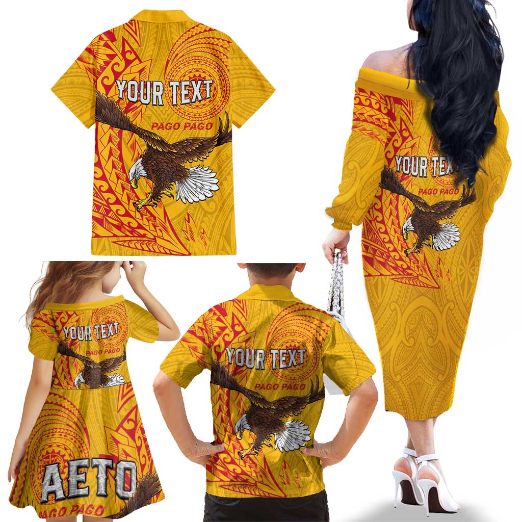 Personalised American Samoa Flag Day Family Matching Off The Shoulder Long Sleeve Dress and Hawaiian Shirt Fautasi Race Pago Pago-Aeto Eagle Wings Tribal Style