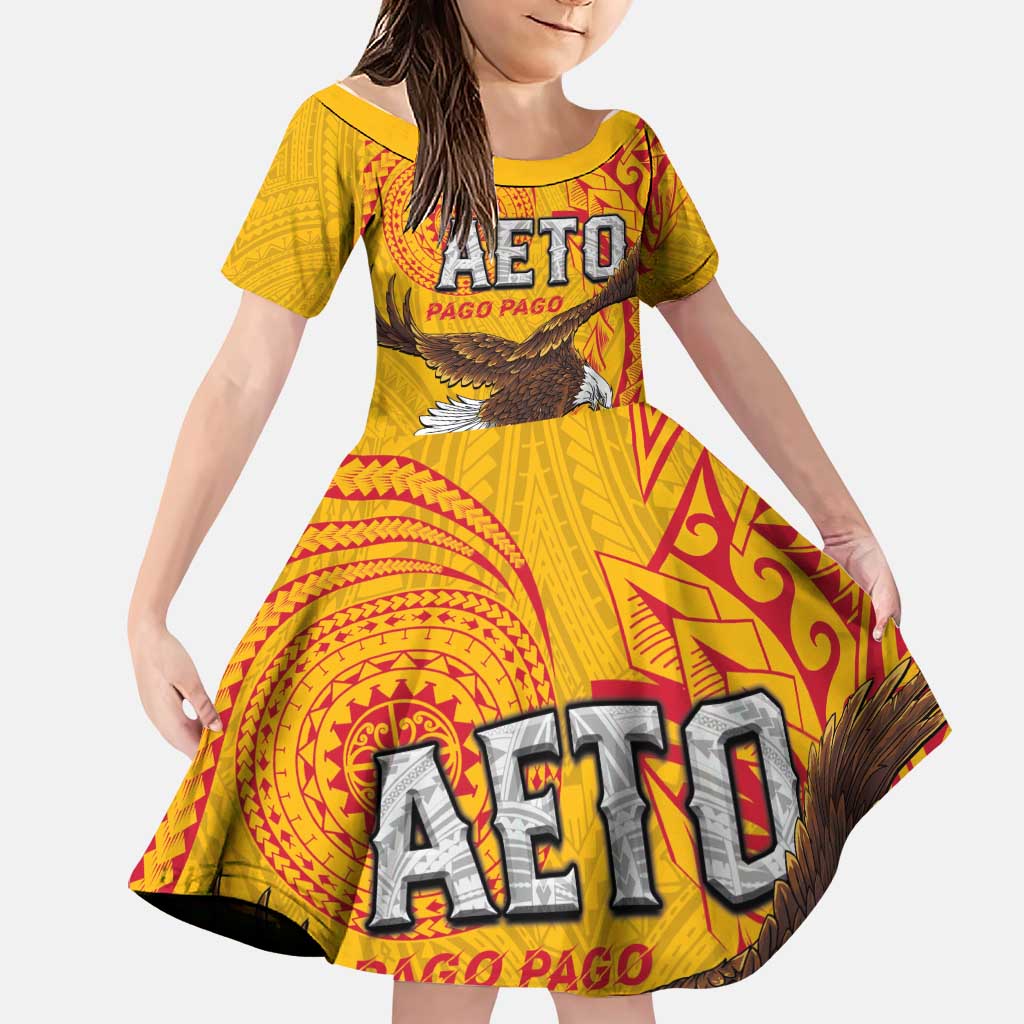 Personalised American Samoa Flag Day Family Matching Off Shoulder Maxi Dress and Hawaiian Shirt Fautasi Race Pago Pago-Aeto Eagle Wings Tribal Style LT03 Daughter's Dress Multicolor - Polynesian Pride