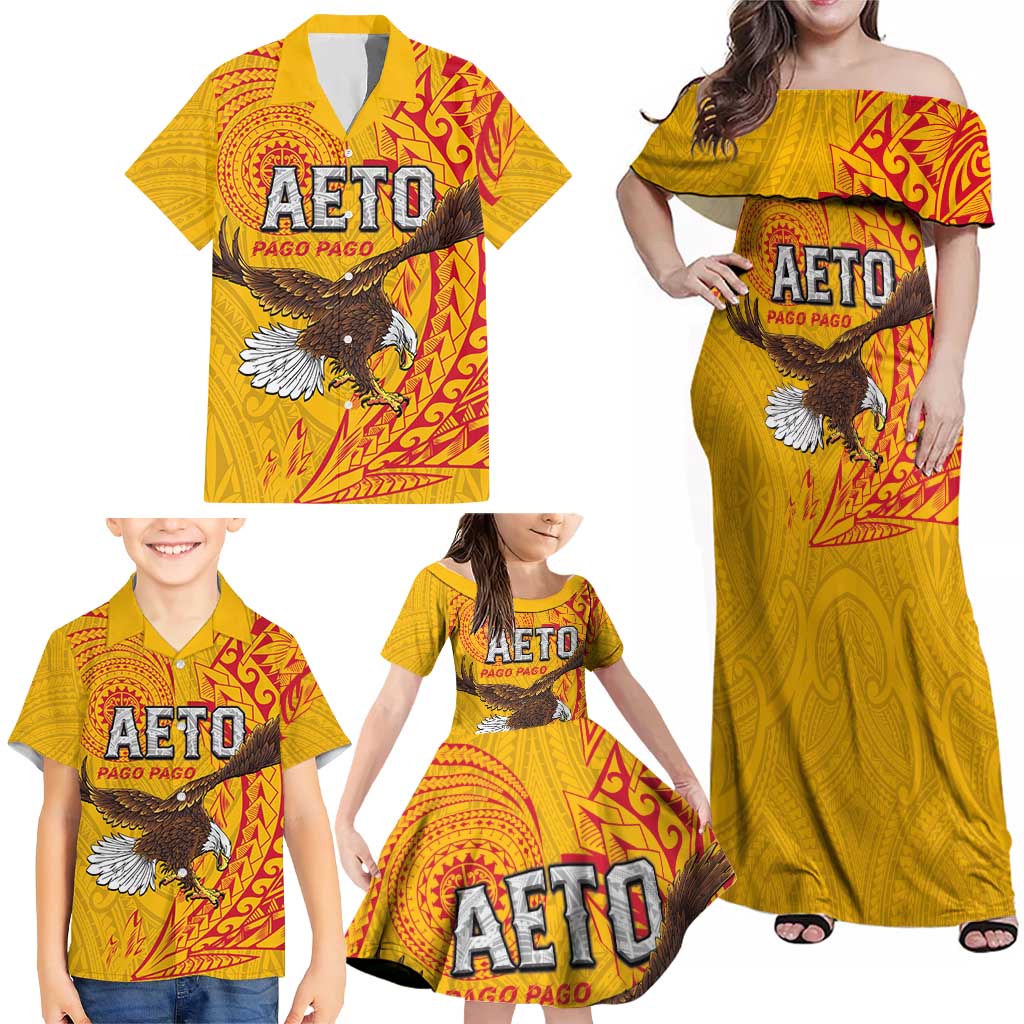 Personalised American Samoa Flag Day Family Matching Off Shoulder Maxi Dress and Hawaiian Shirt Fautasi Race Pago Pago-Aeto Eagle Wings Tribal Style LT03 - Polynesian Pride