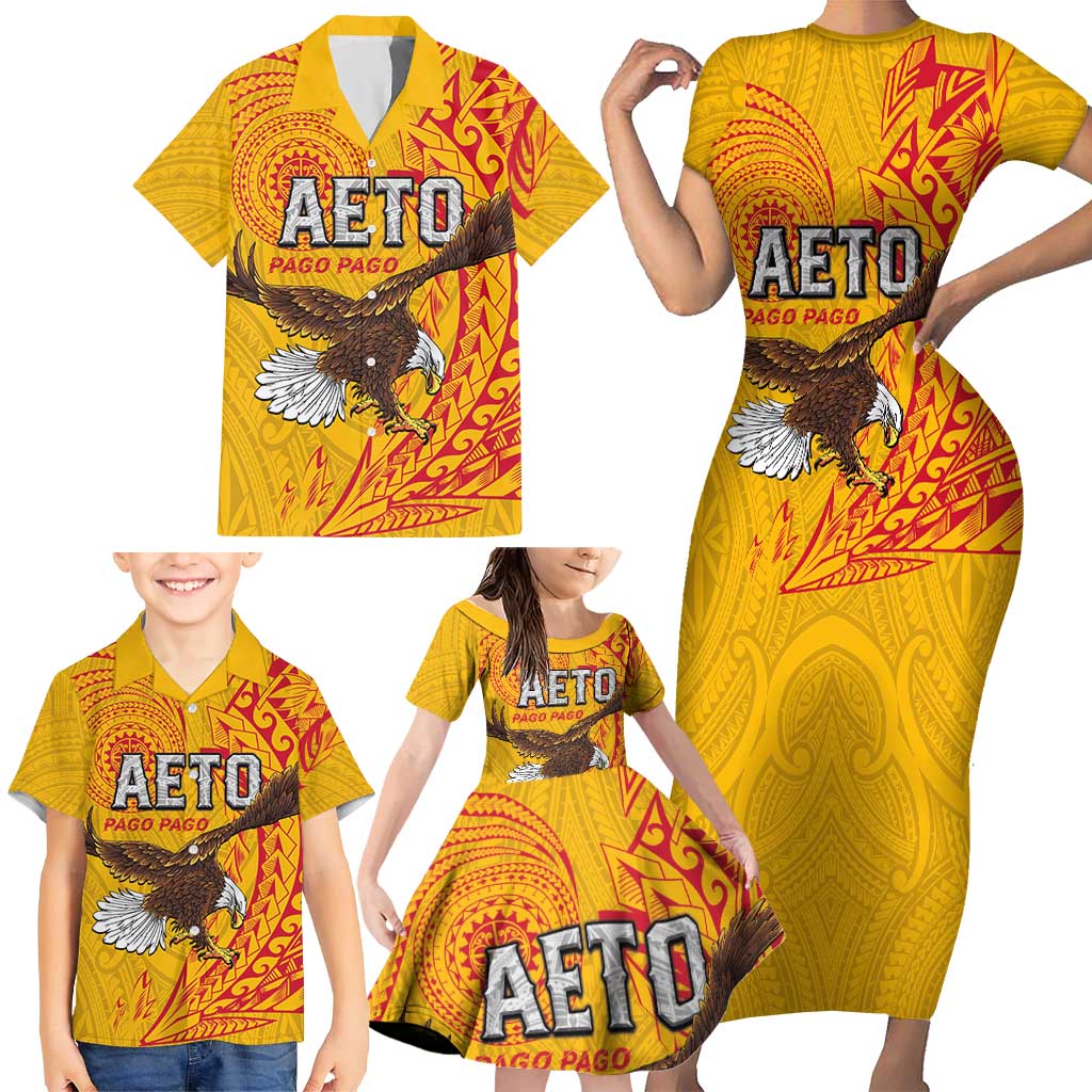 Personalised American Samoa Flag Day Family Matching Short Sleeve Bodycon Dress and Hawaiian Shirt Fautasi Race Pago Pago-Aeto Eagle Wings Tribal Style