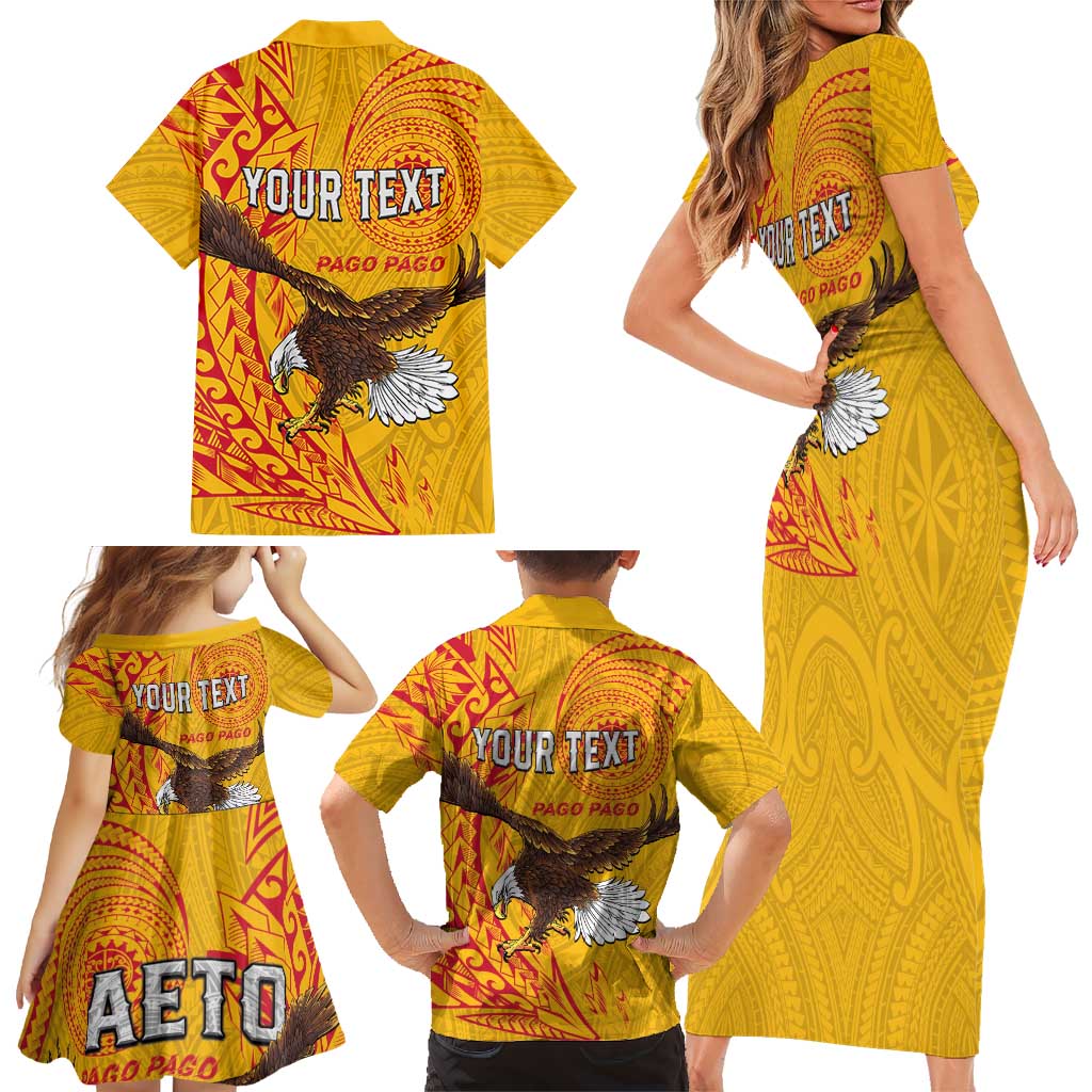 Personalised American Samoa Flag Day Family Matching Short Sleeve Bodycon Dress and Hawaiian Shirt Fautasi Race Pago Pago-Aeto Eagle Wings Tribal Style